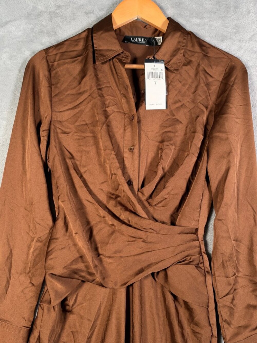 Lauren Ralph Lauren Dress Womens 2 Brown Satin Pleated Button Up Charmeuse $325 - Picture 3 of 11
